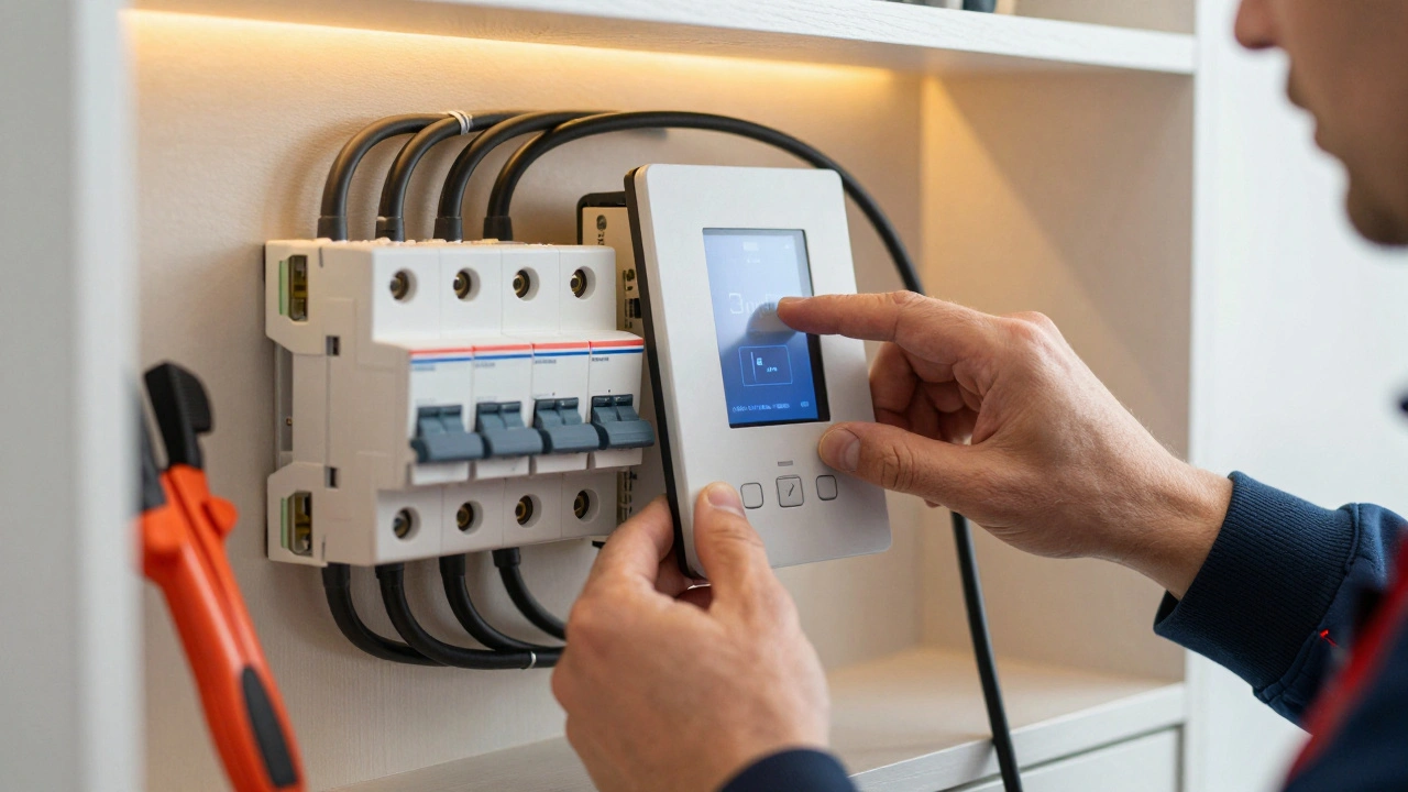 Руки електрика встановлюють розумну систему автоматизації з сертифікованими електроприладами.
