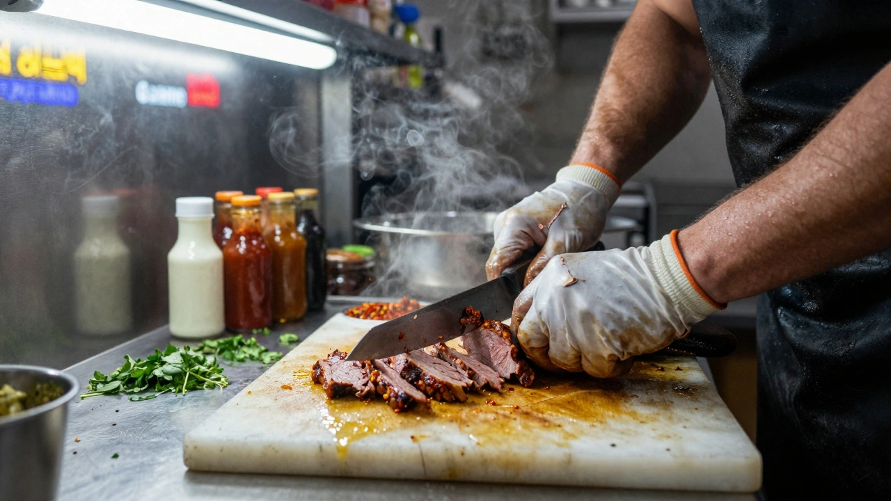 Руки шаурміста нарізають м’ясо на кухонній дошці вночі під неоновим світлом.