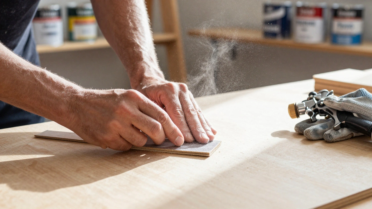 Руки шліфують поверхню МДФ, біля них лежать інструменти та фарби.