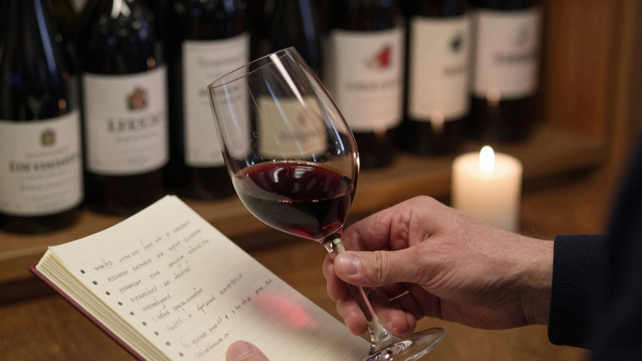 Руки сомельє під час дегустації вина з записами в щоденнику.