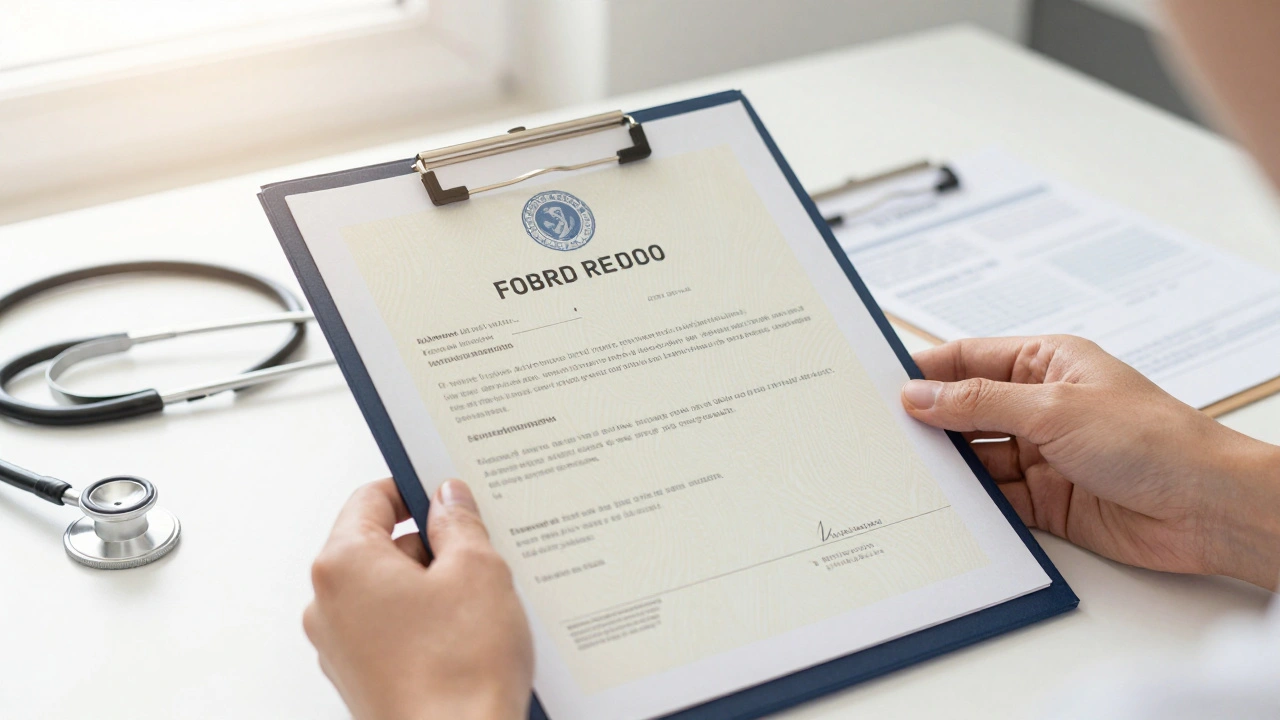 Руки тримають медичний сертифікат і документи на столі, стетоскоп і інструменти