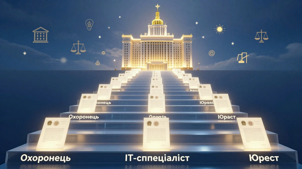 Шлях до професійного зростання в державному секторі, від базових посад до керівних, з символами освіти та законодавства.