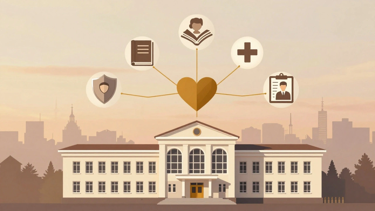 Стилізована школа з іконами ключових професій, з’єднаних з серцем, на тлі Києва — символічне зображення підтримки дітей.