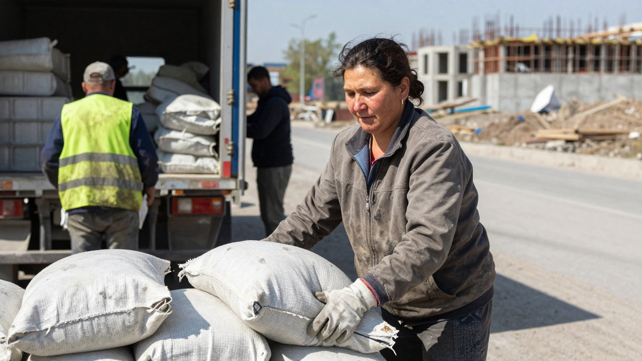 Жінка розвантажує мішки з цементом на будівельному майданчику в Києві.