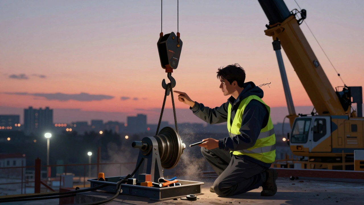 Автокранівщик перевіряє троси та гаки крана наприкінці робочого дня на будівельному майданчику в Києві.