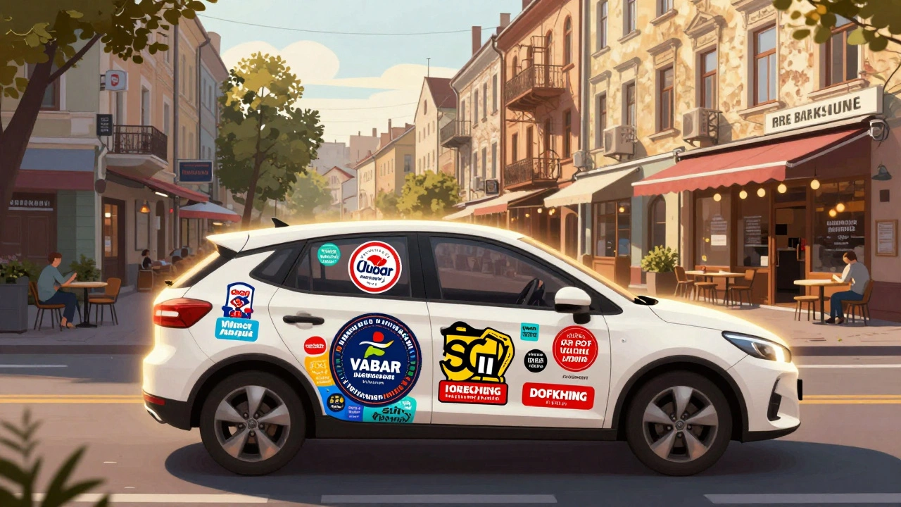 Автомобіль з рекламними наклейками їде вулицями Києва, стаючи рухомою рекламою для місцевих бізнесів.