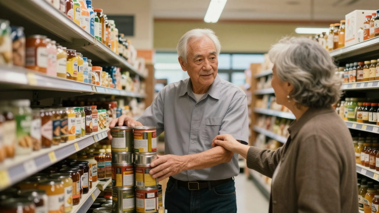 Чоловік 63 років допомагає покупцям у магазині, розкладає консерви на полицях.