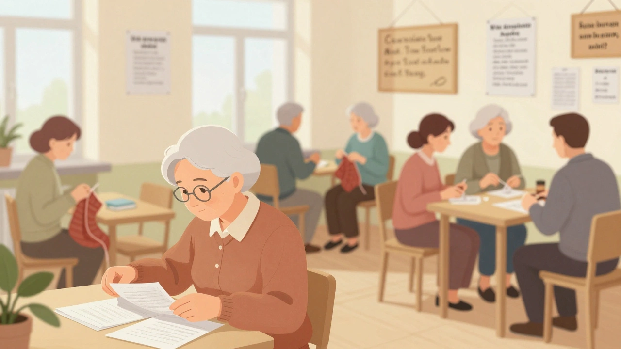 Група пенсіонерів у центрі соціальної допомоги в Києві, зайнятих тихими завданнями.