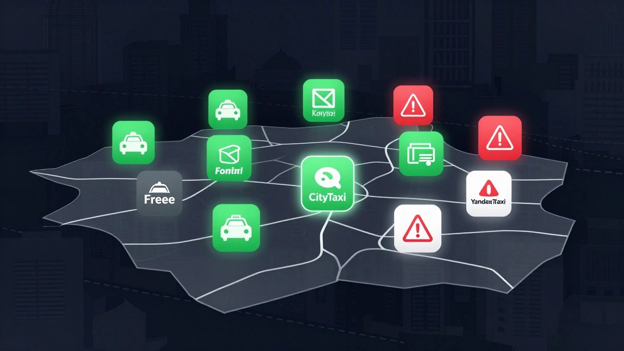 Карта Києва з символами таксі-компаній: Freee та CityTaxi — без депозиту, інші з попередженнями.