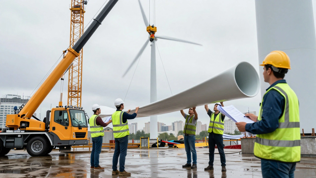 Команда будівельників у Києві координує підйом лопаті вітрової турбіни на будівельному майданчику.