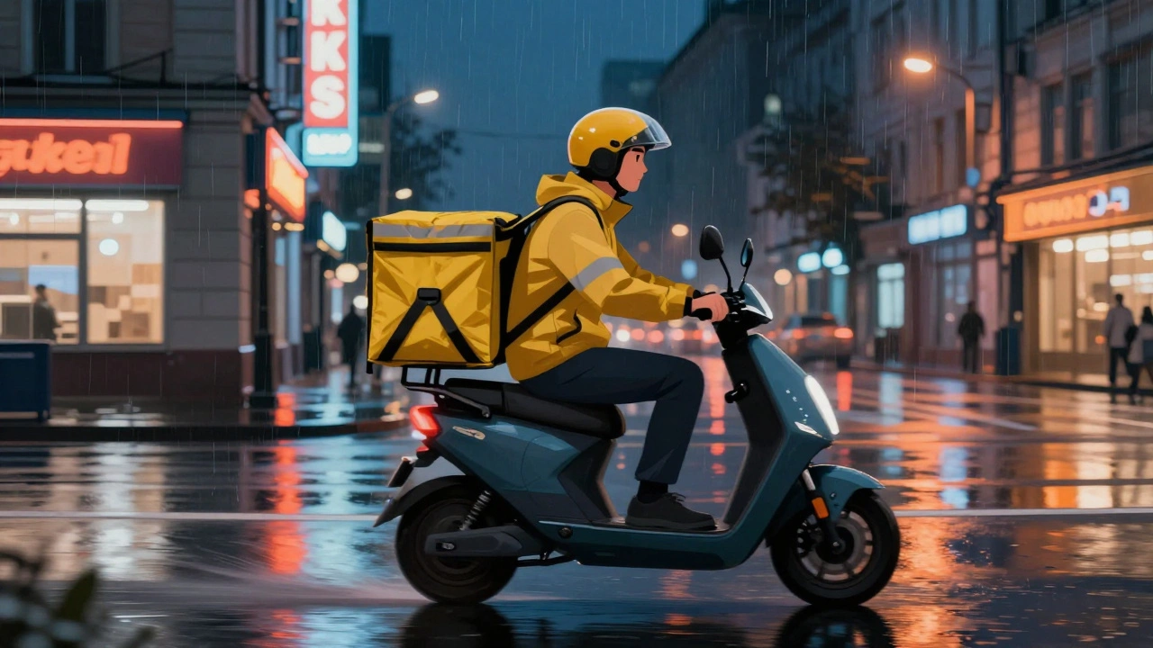 Кур'єр на електросамокаті доставляє замовлення вночі в Оболоні