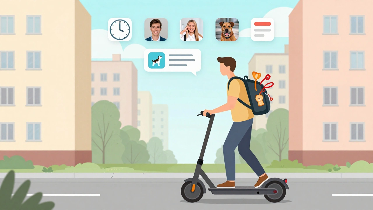 Людина на електросамокаті їде між будинками в Борщагівці, тримаючи ланцюжки та корм для собак.