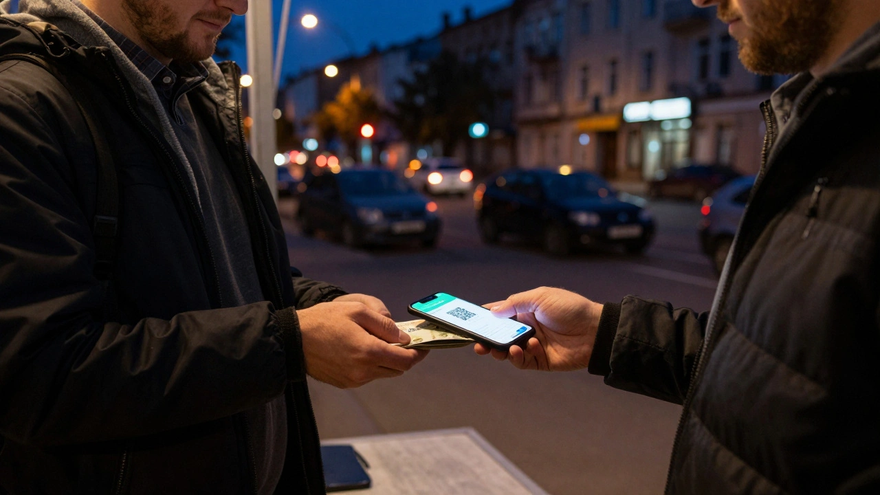 Людина отримує готівку за роботу з клінінгу вночі в Києві з QR-кодом на телефоні.