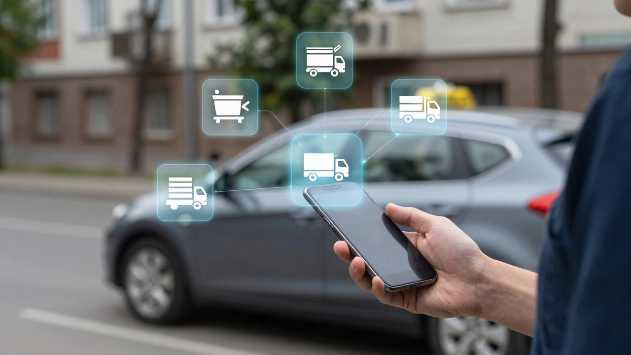 Людина стоїть біля свого авто, яке символізує кілька способів заробітку — доставка, перевезення, реклама — без таксі.