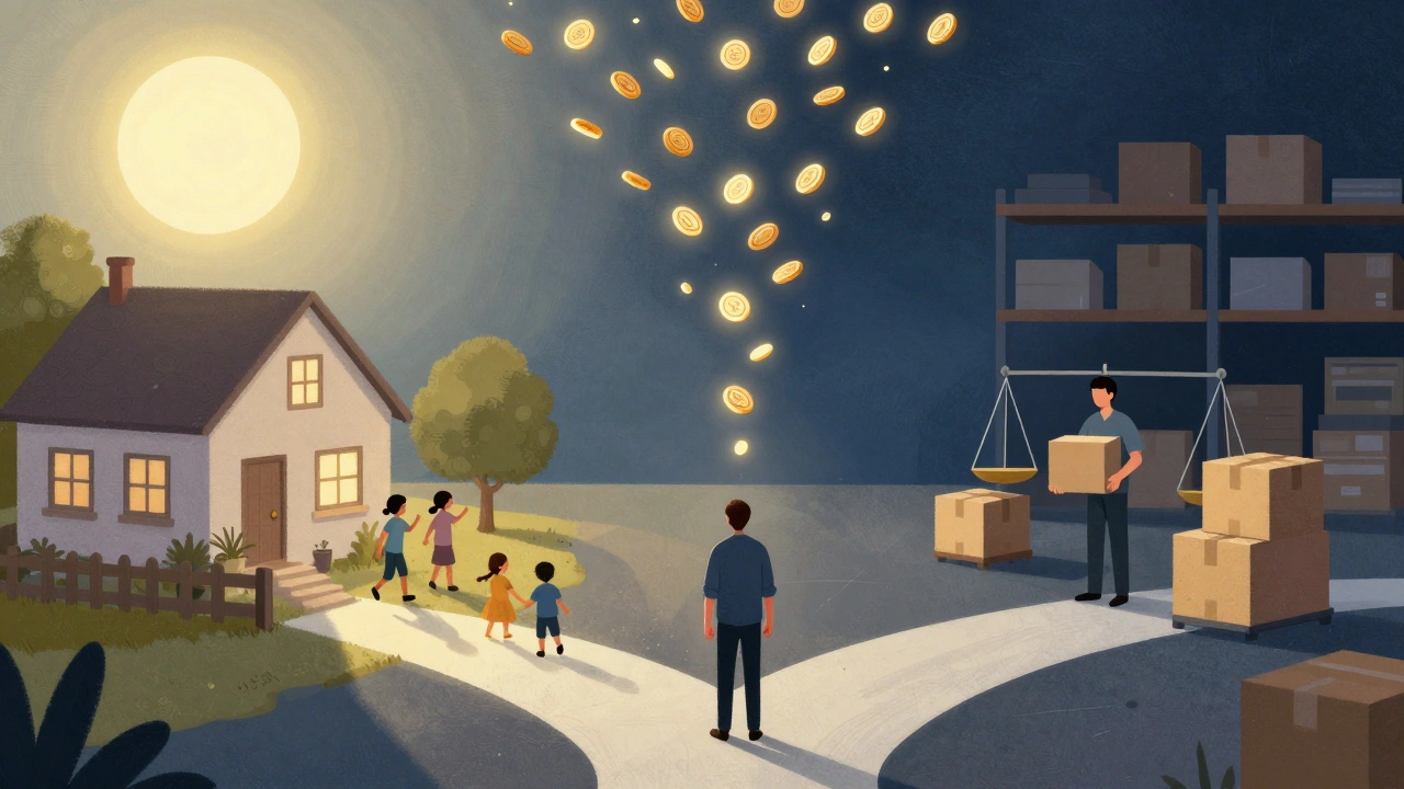 Людина стоїть між дімом і складом — символ вибору між сім’єю та стабільним дохідом.