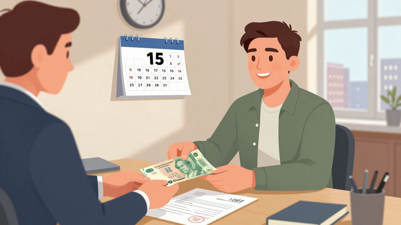 Молодий чоловік отримує зарплату готівкою після закінчення вахти, на столі — розписка з печаткою.