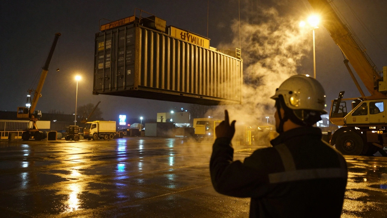 Нічна робота машиніста і стропальника на логістичному терміналі в Києві з підйомом контейнера.