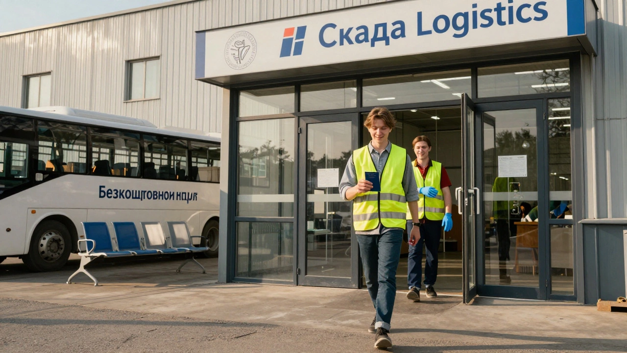 Новий працівник входить на склад Скада з паспортом, біля входу чекає безкоштовний транспорт.