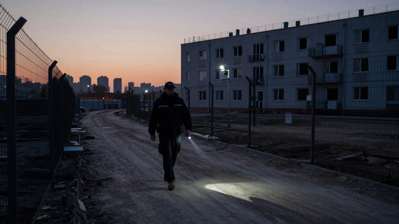 Охоронець йде по темній будівельній майданчику на світанку, тінь довга, увімкнений фонарик.