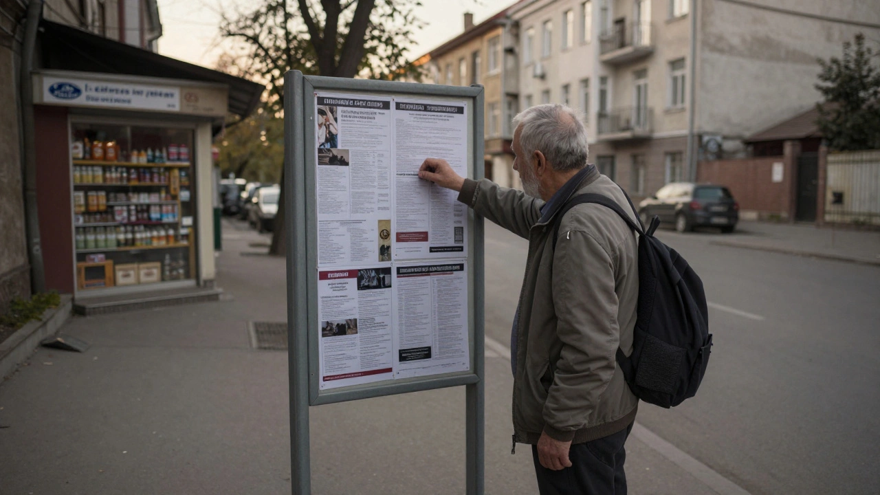 Пенсіонер розклеює оголошення на дошці в тихому київському районі.
