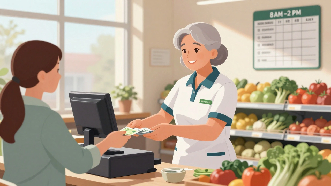 Пенсіонерка працює касиром у супермаркеті, віддає здачу клієнту з посмішкою.