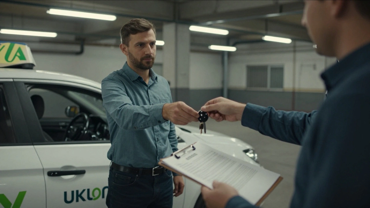 Передача авто між водіями в депо таксі в Києві з логотипами компаній на дверях.