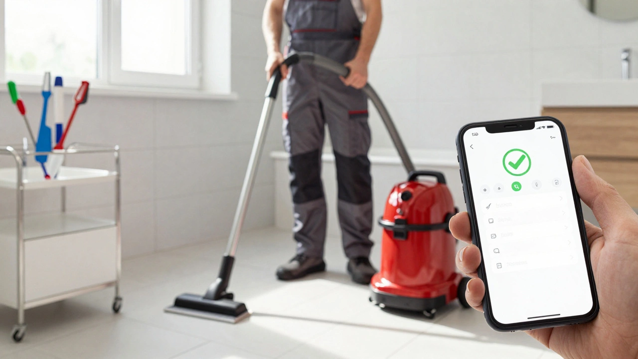 Працівник прибирає ванну з паровим очисником у сучасній квартирі Києва.