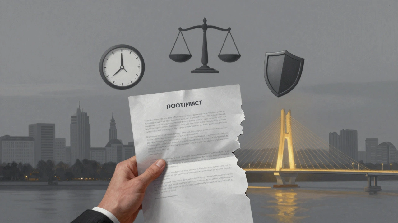 Рука тримає розірваний договір, навколо — символи ризику та шляху до офіційної роботи