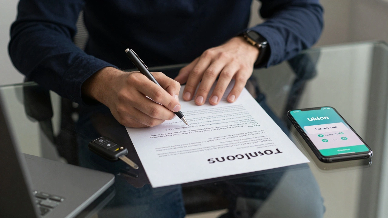 Руки підписують договір таксі-фірми, на столі — ключі від авто та смартфон з додатками, на склі — напис про депозит.