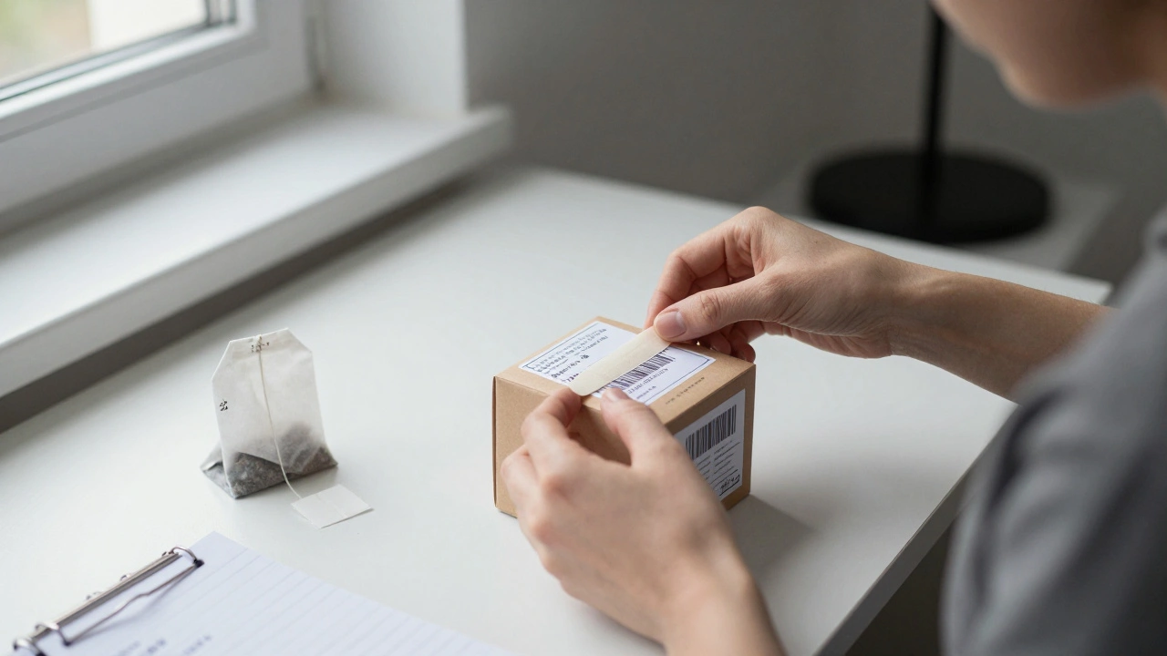 Руки жінки наклеюють етикетки на коробку з чаем у тихому виробничому кабінеті.