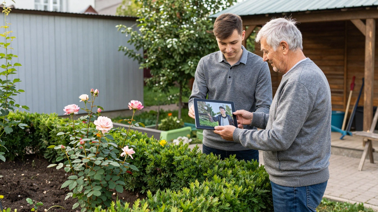 Садівник показує клієнтові фото до і після обробки саду в Оболоні.