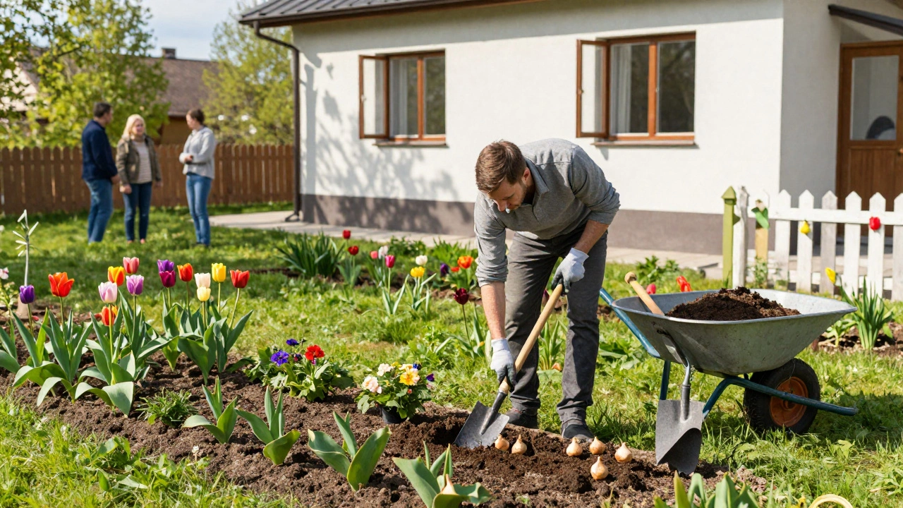 Садівник висаджує квіти в саду в Борщагівці під час весняного сезону.