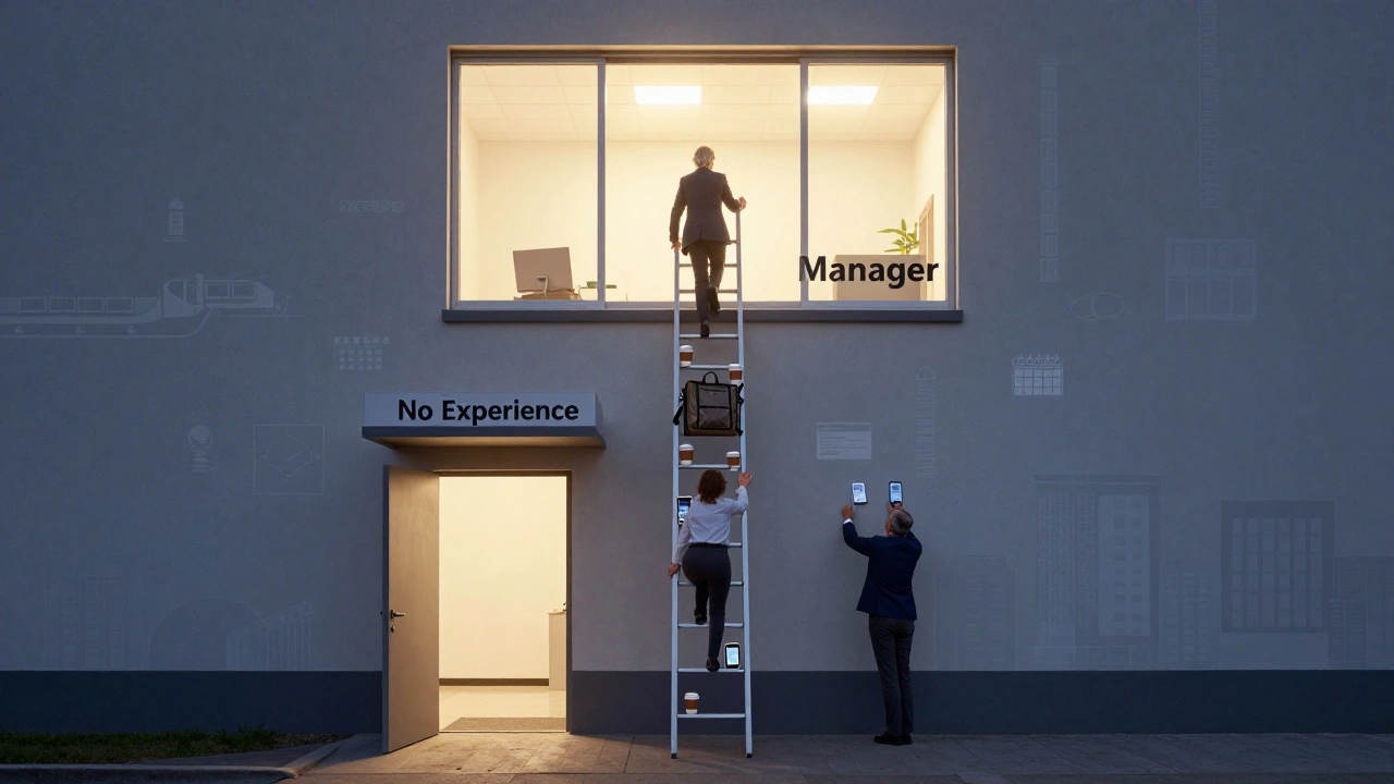 Схематична драбина, що веде від початківця до менеджера, з символами роботи в центрі Києва.