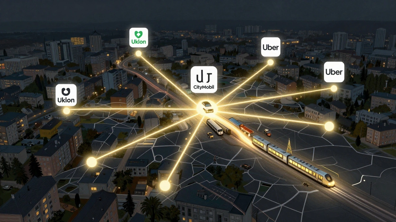 Стилізована карта Києва з логотипами таксі-компаній та маршрутами