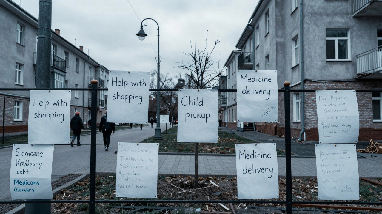 Стіни та стовпи в Троещині з листівками пропозицій допомоги: покупки, догляд, відвідування.