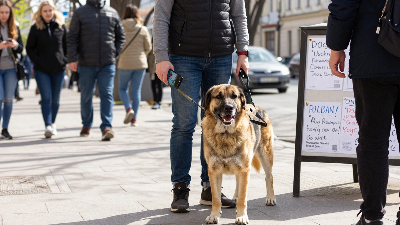 Вигуляч собаки стоїть з великою собакою на вулиці Києва, показуючи фото на телефоні.
