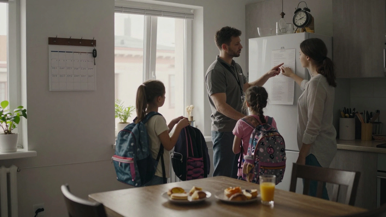 Водій допомагає дітям готуватися до школи на кухні, сімейна атмосфера.