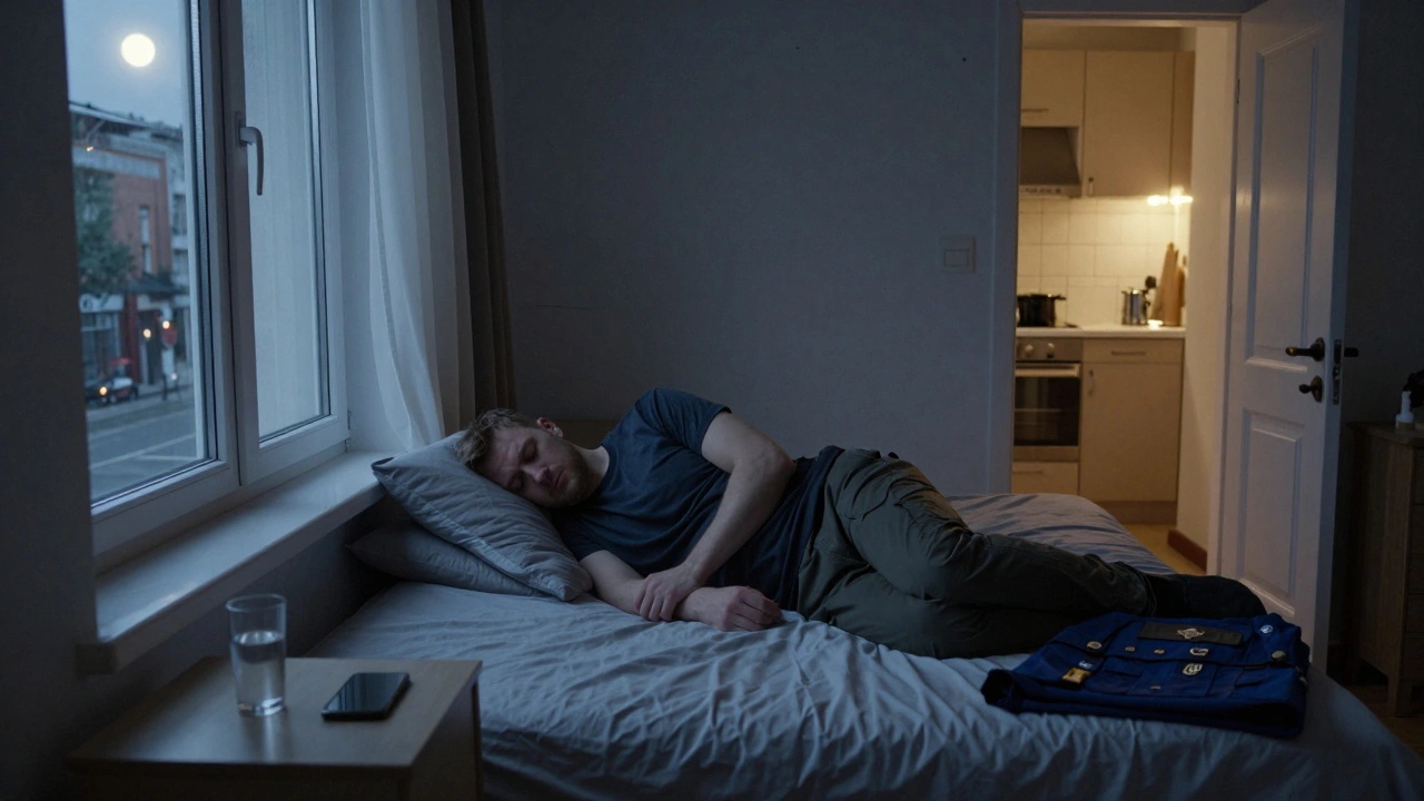 Водій спить у кімнаті вдома, вікно виходить на тиху вулицю, нічний момент.