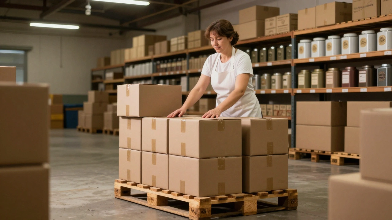 Жінка складає коробки з чаем на палету на складі в Дарницькому районі.