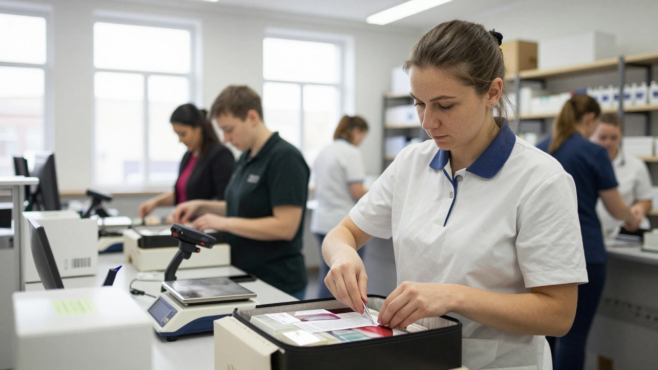 Жінка упаковує косметику з увагою до деталей на складі в Дарниці.